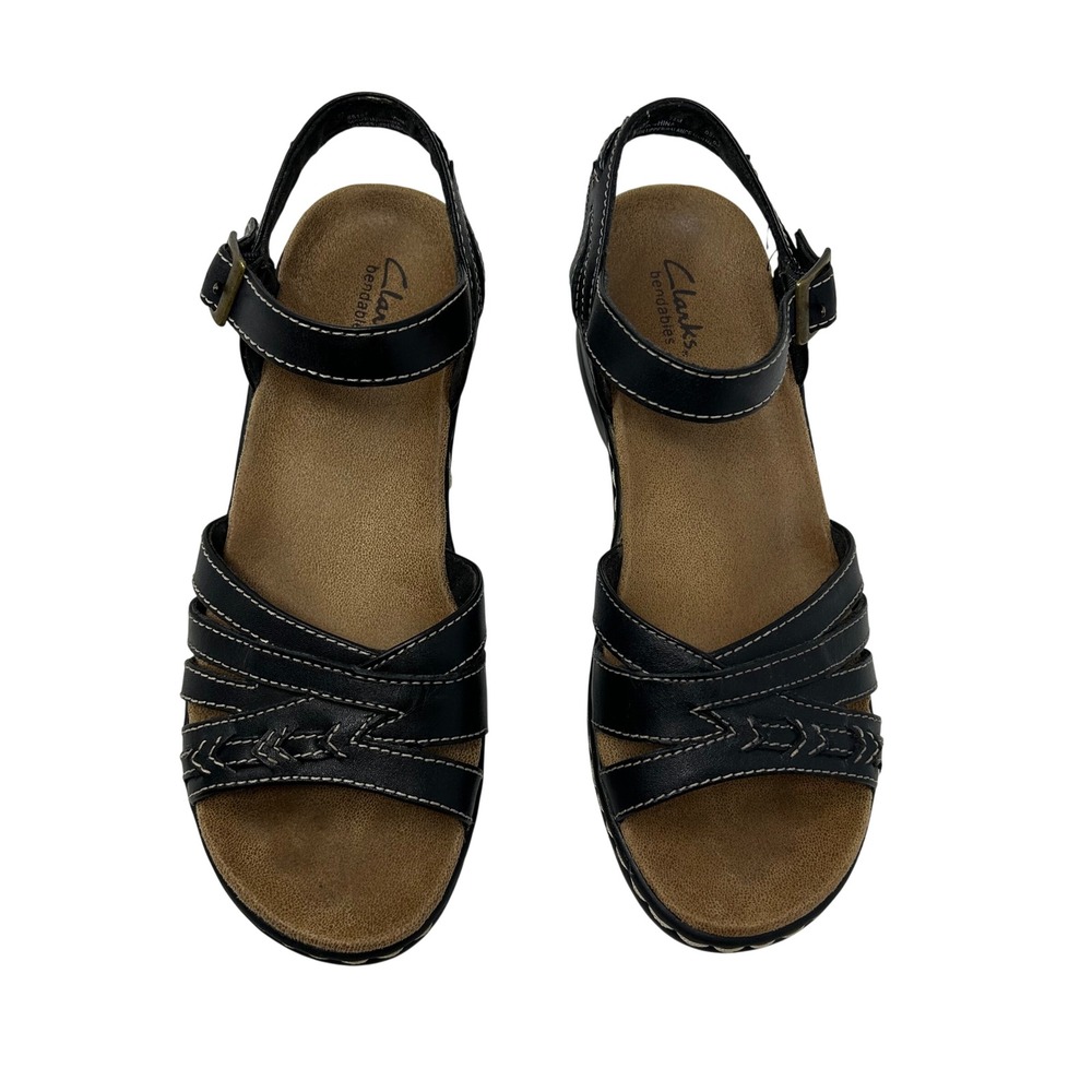 Clarks Bendables Black Leather Wedge Sandals Strappy Ankle Strap Womens 7.5 - Picture 4 of 14